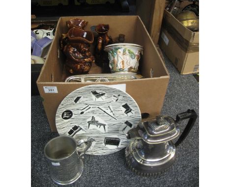 Box of assorted china and metalware to include; set of three treacle glazed toby jugs, Nao figurine, Capodimonte jardiniere, 