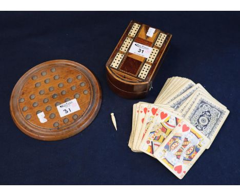 19th Century marquetry inlaid mahogany playing card box peg board with bone insets, together with a wooden solitaire board. (