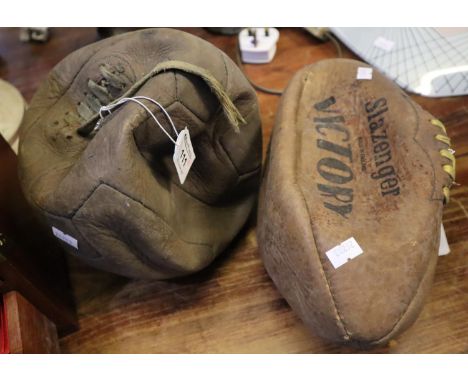 Vintage leather cased football and similar rugby balls. (2) (B.P. 21% + VAT)