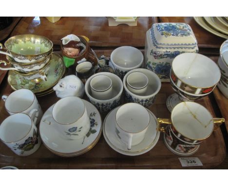 Tray of assorted china to include; a Royal Crown Derby Imari loving mug and goblet (both in poor condition), Mason's Regency 