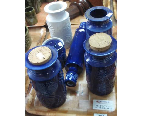 Tray of Portmeirion 'Totem' design items in blue and white to include; canisters, rolling pin, preserve jar and covers etc. (