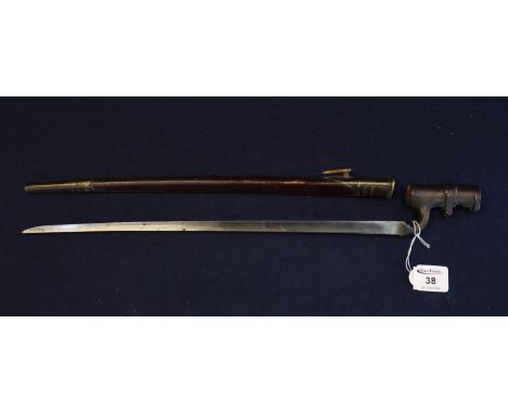 19th Century British socket bayonet with fullered triangular blade within leather brass fitted scabbard. (B.P. 21% + VAT) No 