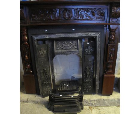 Victorian style cast iron fireplace with grate etc and carved mantelpiece. (B.P. 21% + VAT) 