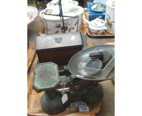 Vintage shop scales and weights by 'Trustworthy', together with a Victorian desk set and balance scales. (B.P. 21% + VAT) 