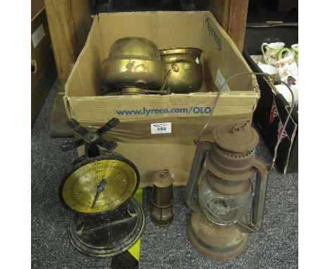 Box of metalware to include; Salter scales, brass jardinieres, tilley type lamp, miniature miners lamp etc. (B.P. 21% + VAT) 