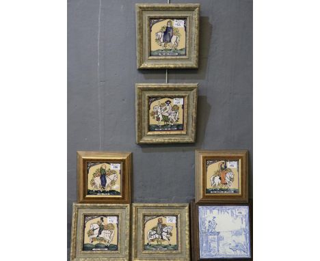 Rye tiles, a group of six ceramic tiles, framed, featuring characters from the Canterbury Tales by Chaucer, together with a s