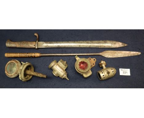 Box of items to include; German pioneer type First World War bayonet, a steel harpoon and a collection of three small bicycle