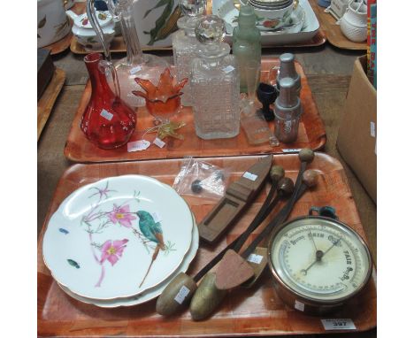 Two trays of assorted items to include; various glass decanters, cod bottle, pair of porcelain hand painted bird plates, smal