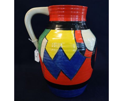 Clarice Cliff Newport pottery Bizarre range lotus jug with multi-coloured geometric decoration. 30cm high approx. Black print