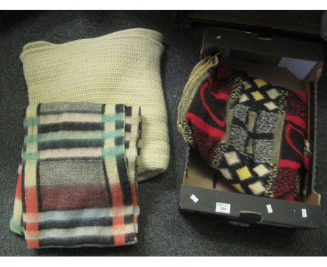 Box of vintage blankets to include; a cream blanket labelled 'Lan-Air-Cell, all wool cellular blanket made by McCallum & Crai