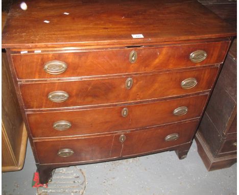 19th century mahogany bow front chest of four long drawers on bracket feet. 90 x 49 x 87 cm approx.(B.P. 21% + VAT) 