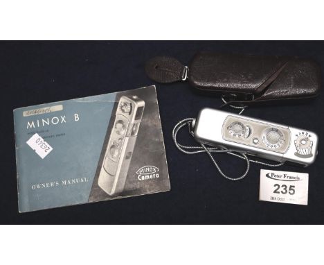 Minox B miniature camera, leather case with metal button hole lanyard, together with original owners manual. (B.P. 21% + VAT)