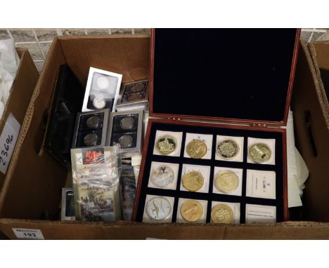 A box of ephemera and mixed modern coinage, collectors coins etc. Some American in presentation boxes, History of Aviation ca