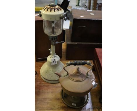 A pressure type pedestal table lantern, together with a copper and brass kettle on burner stand. (B.P. 21% + VAT) 