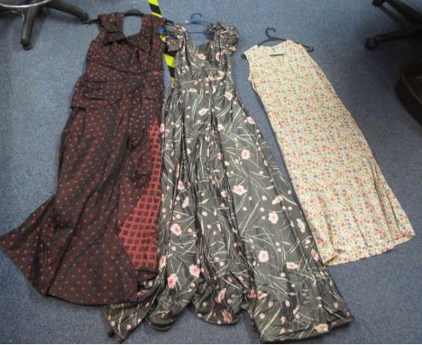 Three vintage dresses (30s-50s), to include; two patterned ball dresses; one grey silk with pink rose pattern and the other a