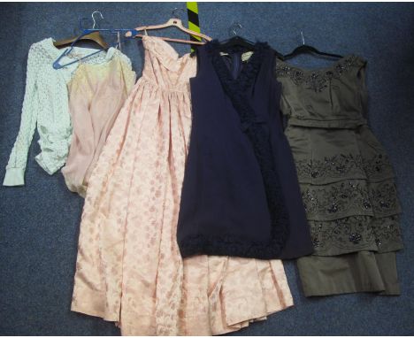 Collection of vintage clothing (30's-60's) to include; a navy Carnegie of London shift dress with ruched lace trim, a Julian 