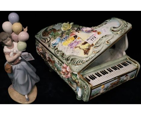 Lladro Spanish porcelain figurine of a girl with balloons, together with a Capodimonte novelty ceramic grand piano. (2) (B.P.