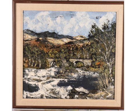 Franck: a 20th Century oil, river bridge and hills beyond, 17" x 18", and a watercolour, coastal scene with castle and toll g