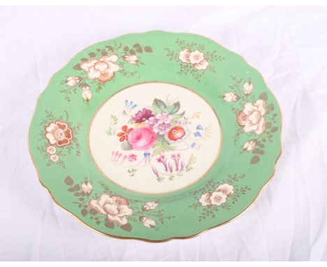 A set of three Copeland Spode green and gilt decorated cabinet plates with floral painted centres, two blue transfer decorate