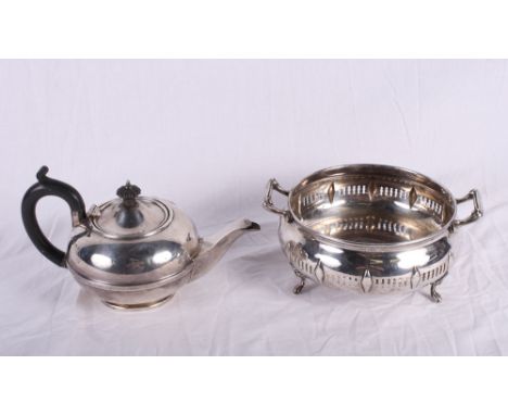 A silver teapot with ebonised knop and handle, 11.6oz troy approx, together with a silver plated two-handled serving dish