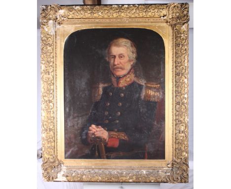 A 19th Century oil painting, portrait of a gentleman in military uniform, 36" x 27", in gilt gesso decorated frame with arche