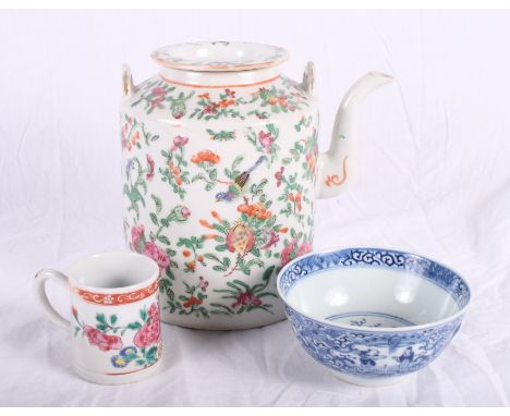 A modern Canton enamel decorated teapot with bird and flower design, a similar coffee can and a blue and white figure decorat