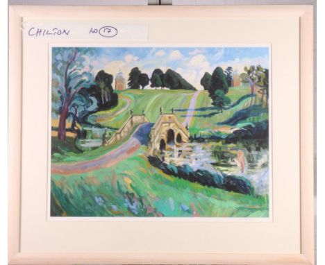 Josephine Trotter: a pencil signed coloured print of Oxford Bridge, Stowe Landscape Gardens, 21" x 26", in light wood frame