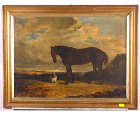 A 19th Century oil painting, portrait of a horse and a black and white dog in extensive landscape, 15" x 20", in gilt frame