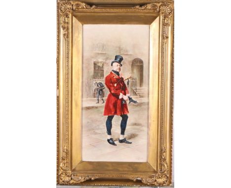 L J Johnson: a pair of portraits on ceramic panels of Mr Micawber and Captain Cuttle, initialled and dated 1893, 16" x 8", in