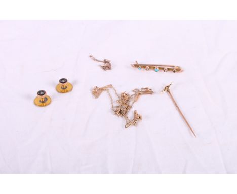 A seed pearl mounted stick pin, a turquoise and seed pearl bar brooch, a gold necklace and two gold mounted dress studs