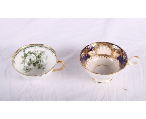 Seven Royal Doulton "Adelaide" tea cups and saucers and a sugar bowl, and a 19th Century dark blue and gilt decorated part te