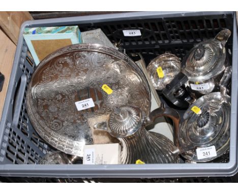 A silver plated three-piece tea service, a plated rose bowl and other plated items