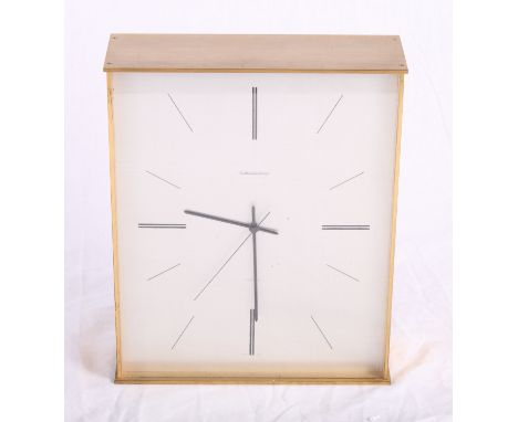 A Jaeger LeCoultre Inline brass mantel clock with silvered dial, 9" high 
