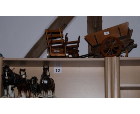 Two wooden models of gypsy caravans, two similar farm carts and four ceramic horses