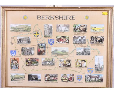 Peter Stockbridge: bodycolours, a map of Berkshire with vignettes of notable buildings and events, 14" x 19", in gilt frame, 