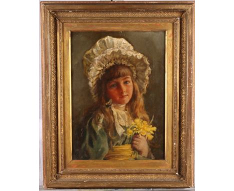 A E M Payne: a Victorian oil painting, portrait of a child in mob cap holding a bunch of daffodils, 11" x 16", in gilt frame,