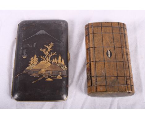 An oriental komai cigarette case and a burr wood snuff box
