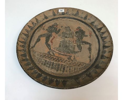 A pair of Attic style lekythoi with classical black figure decoration, 58 cm high, together with a similarly decorated Attic 