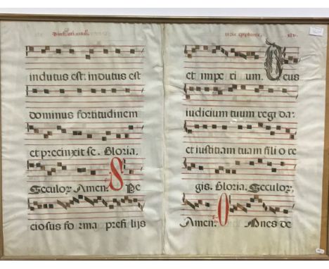 A framed and glazed illuminated musical manuscript in the mediaeval style, pen and ink and watercolour, inscribed top right "