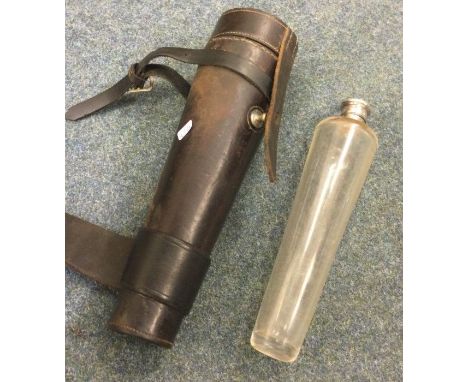 A good silver topped tapering hunting flask in brown leather travelling holster. James Dixon &amp; Son. Unmarked. Est. £100 -