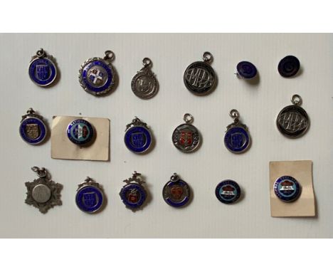 CYCLING MEDALS (13) SILVER &amp; MOST ENAMELLED.
CYCLING BADGES (5) SILVERED METAL &amp; ENAMEL