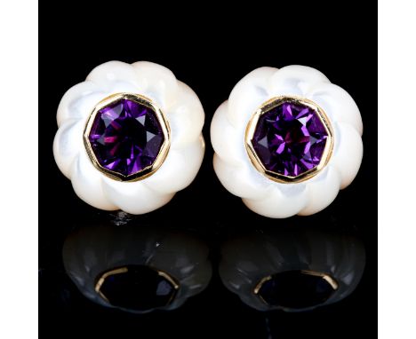 A pair of 14ct gold mother of pearl and amethyst earrings, earring diameter 12.6mm, 5.5gNo damage or repair, all stones prese