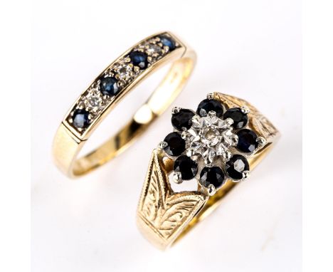 2 x 9ct gold sapphire and diamond rings, sizes M and R, 6.7g total (2)No damage or repairs, all stones present, settings ligh