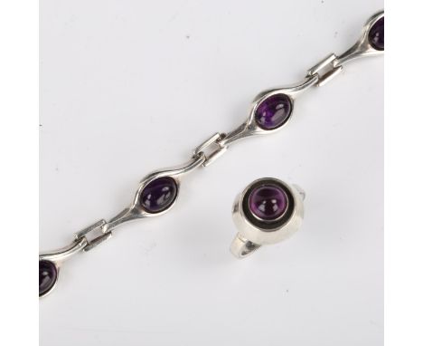 A Scandinavian silver and cabochon amethyst bracelet, and similar ring, bracelet length 20cm, ring size L, 22.3g total (2)No 