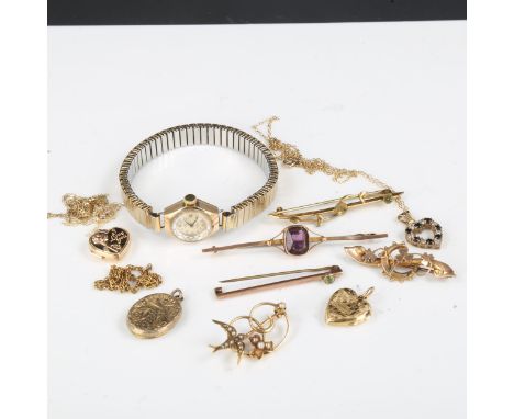 Various gold jewellery, including amethyst and peridot brooches, lady's 9ct gold-cased wristwatch etcLot sold as seen unless 