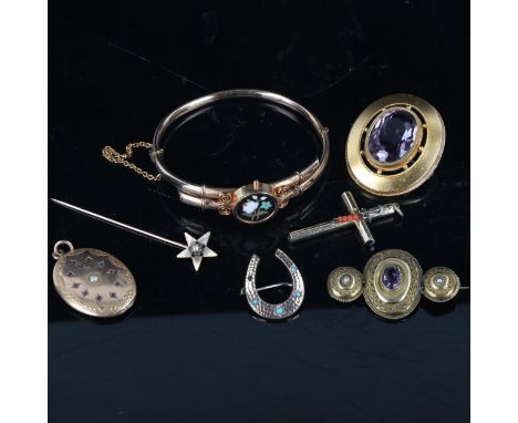 Various jewellery, including gold plated Pietra Dura hinged bangle, amethyst brooch, turquoise horseshoe brooch etcLot sold a