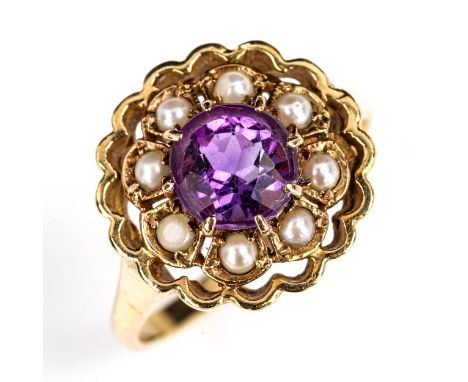 A late 20th century 9ct gold amethyst and split pearl cluster ring, set with round cut amethyst with flowerhead border, setti