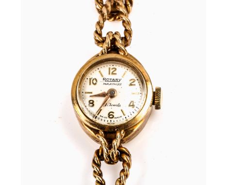 ROTARY - a lady's 9ct gold Maximus mechanical bracelet watch, silvered dial with Arabic numerals and 9ct ropetwist bracelet, 