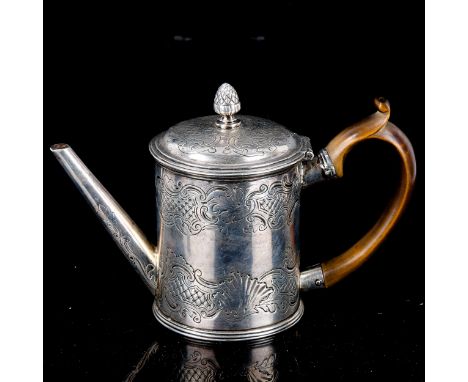 A George III silver argyle, cylindrical form with reeded rim and relief embossed foliate decoration with pineapple finial and