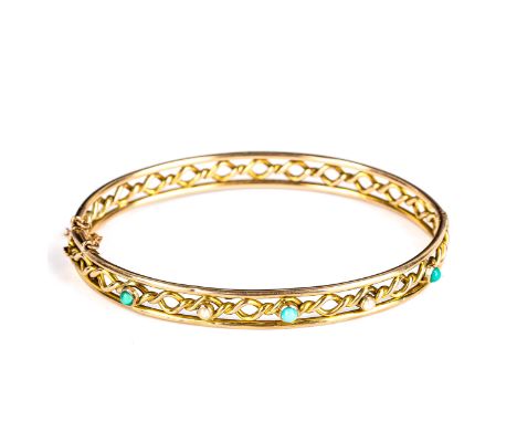 A Victorian 9ct rose gold turquoise and pearl hinged bangle, openwork twist settings, band width 7.4mm, internal measurements
